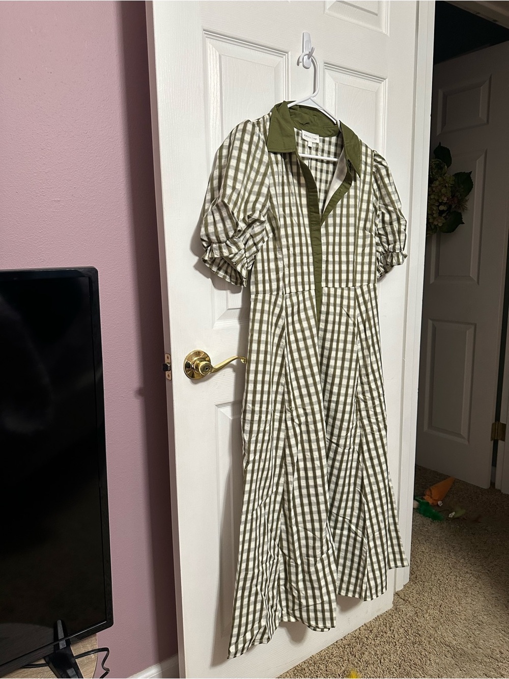 entro Large NWT Olive Green Gingham Midi Dress - Picture 3 of 4